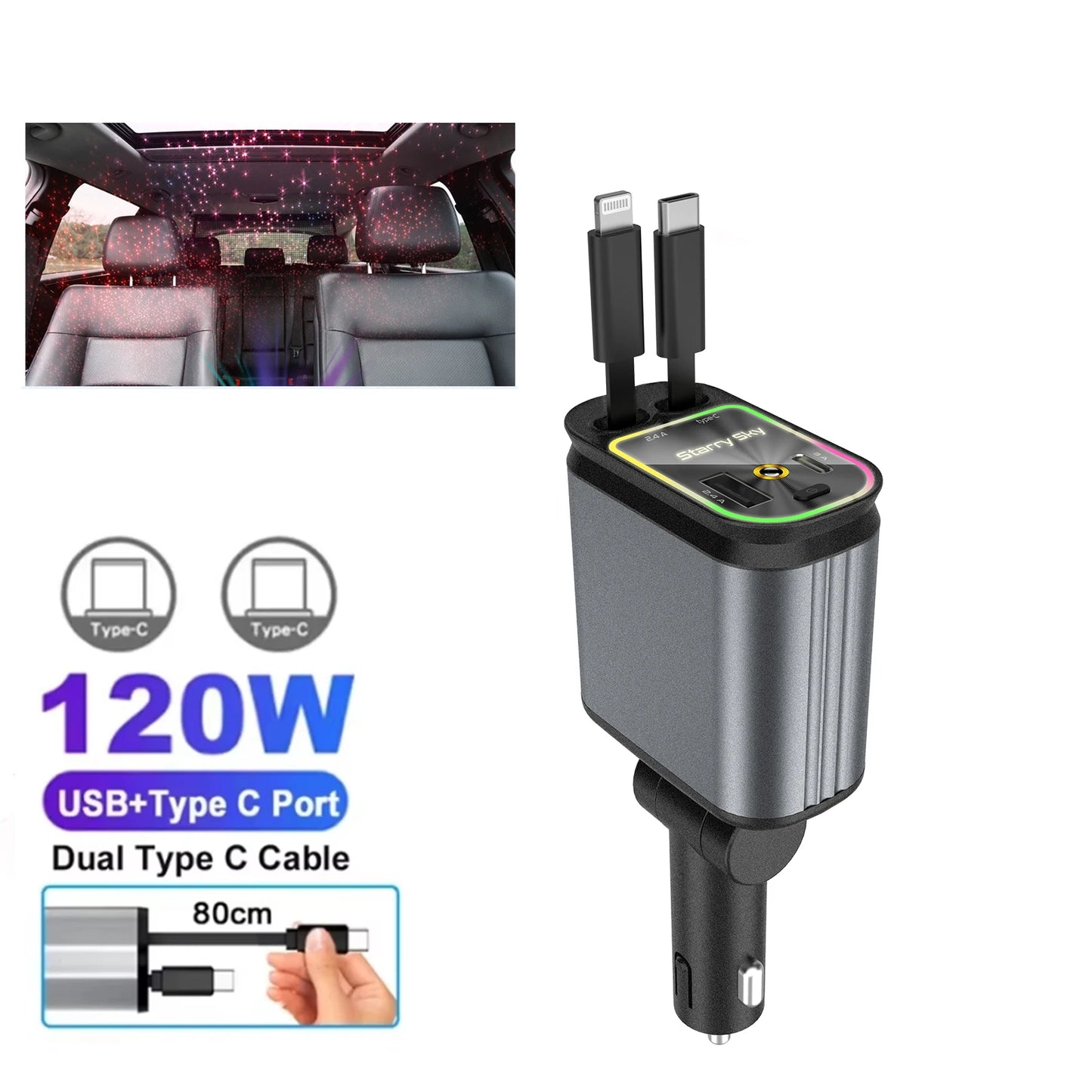 4-in-1 Car Charger with  Star Light